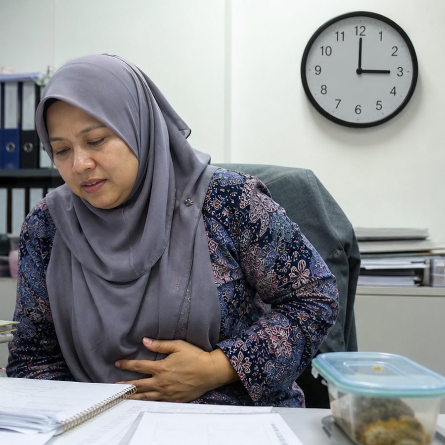 Wanita di meja pejabat memegang perut, bekal belum dibuka
