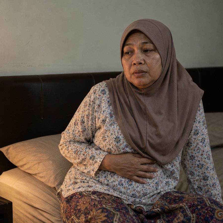 Wanita duduk di tepi katil waktu malam memegang perut